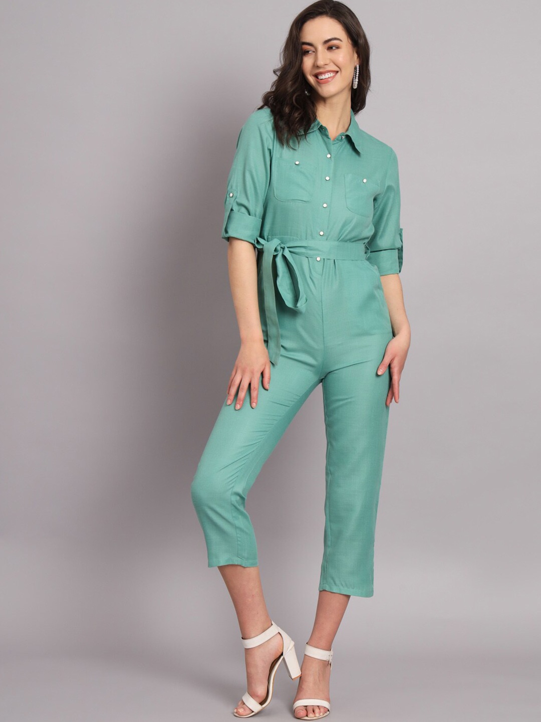 

The Dry State Sea Green Shirt Collar Waist Tie-Up Basic Cotton Jumpsuit