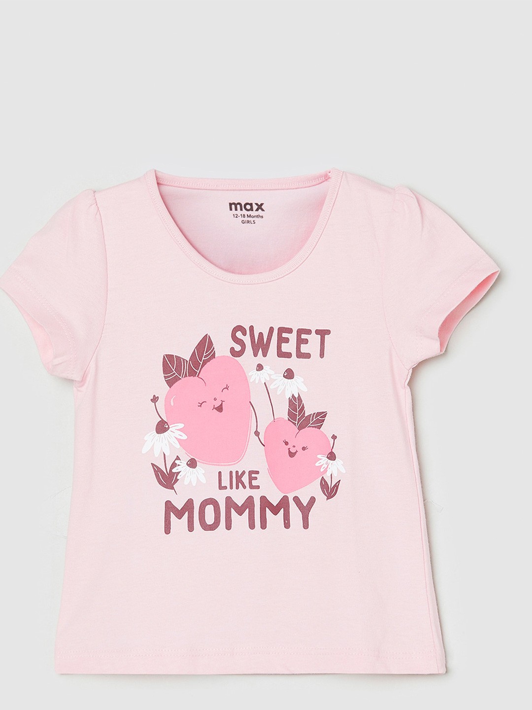

max Girls Typography Printed Puff Sleeves Pure Cotton T-shirt, Pink