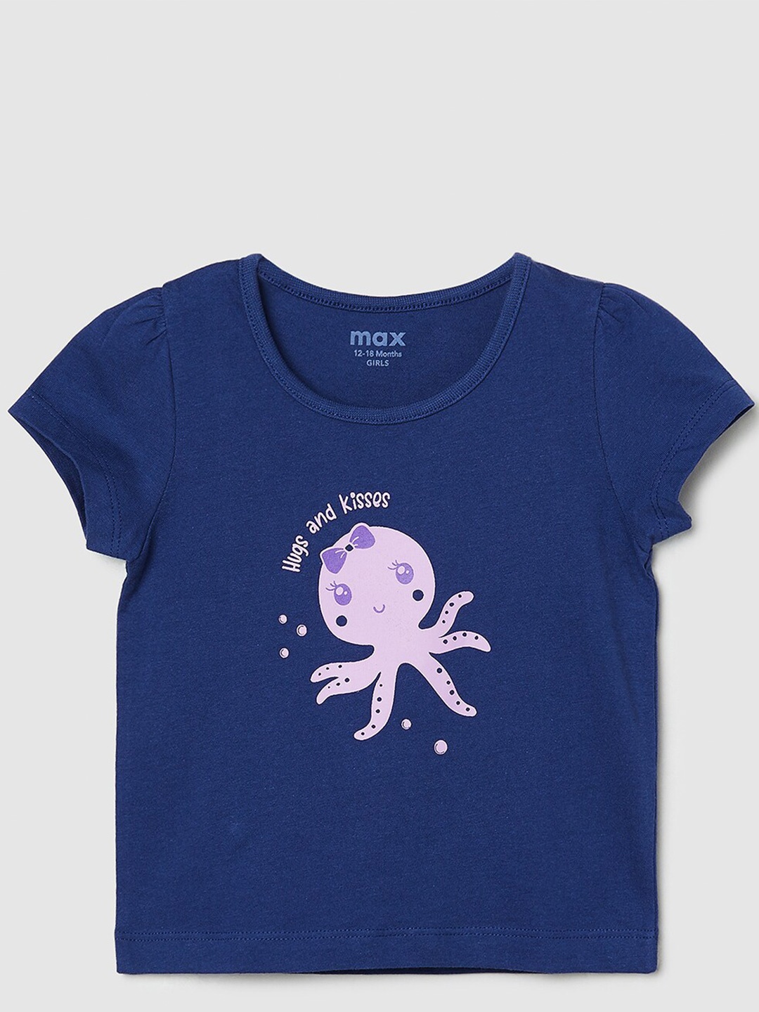 

max Girls Graphic Printed Puff Sleeves Pure Cotton T-shirt, Navy blue