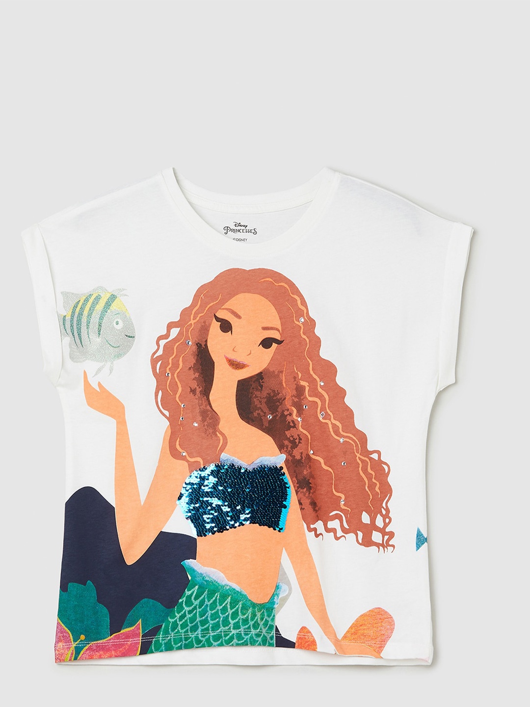 

max Girls Graphic Printed Extended Sleeves Embellished Pure Cotton T-shirt, White