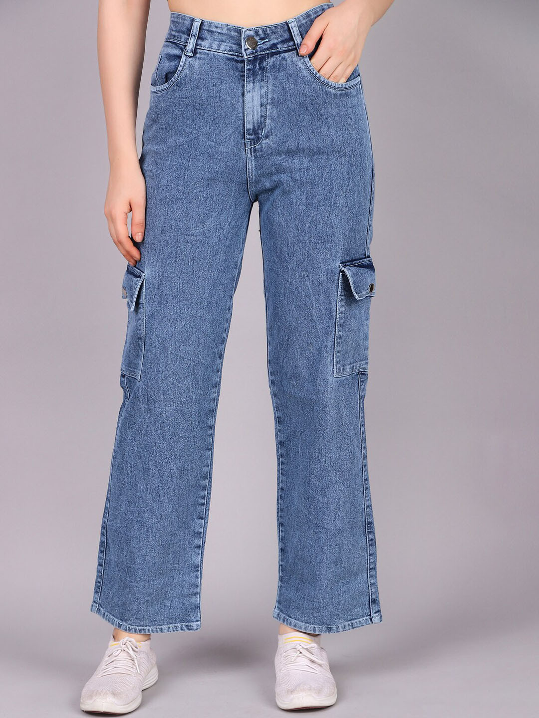 

KASHIAN Women Loose Boyfriend Fit Light Fade Clean Look Cargo Style Jeans, Blue