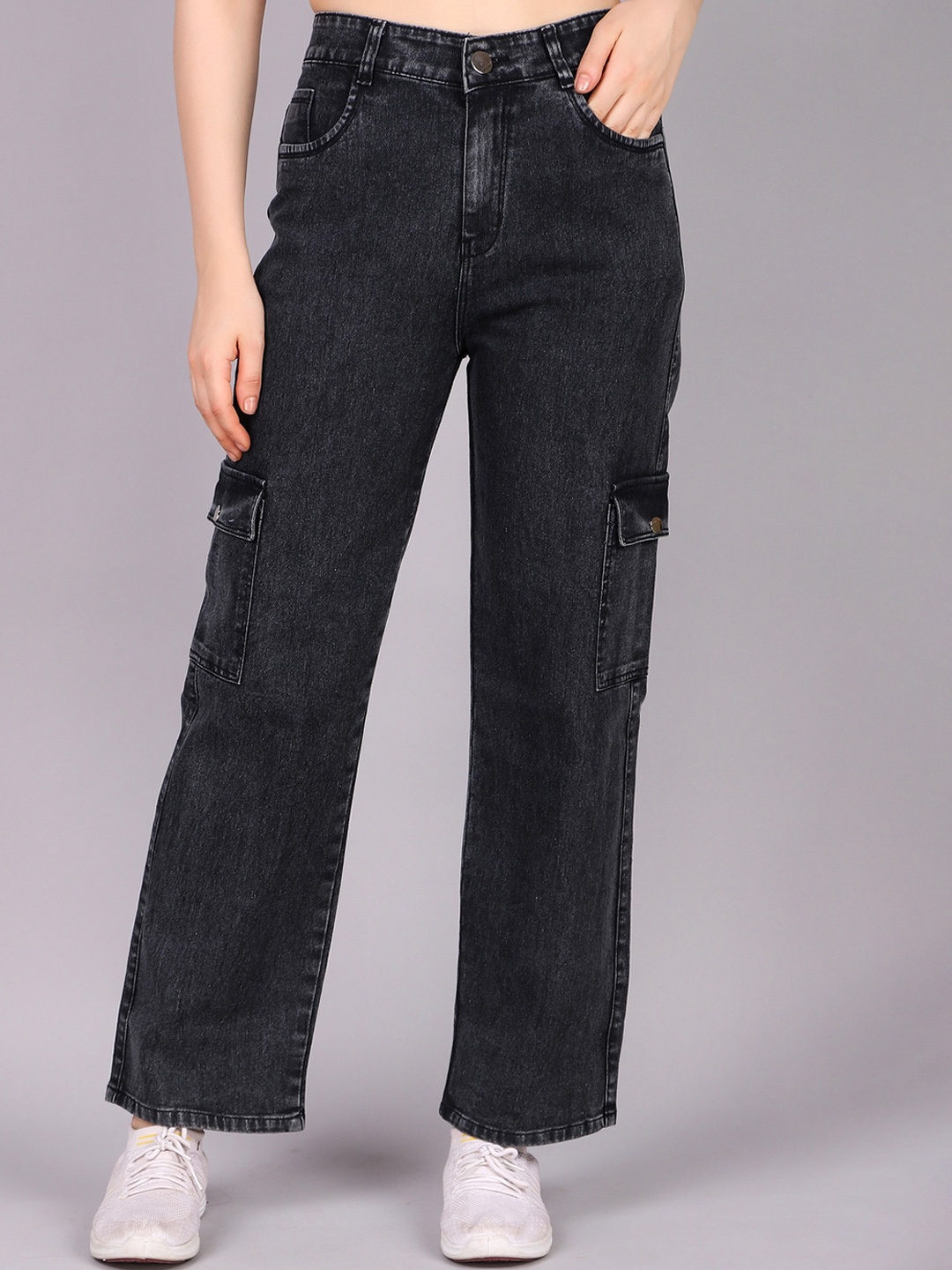 

KASHIAN Women Boyfriend Fit Mid-Rise Light Fade Clean Look Cargo Jeans, Black
