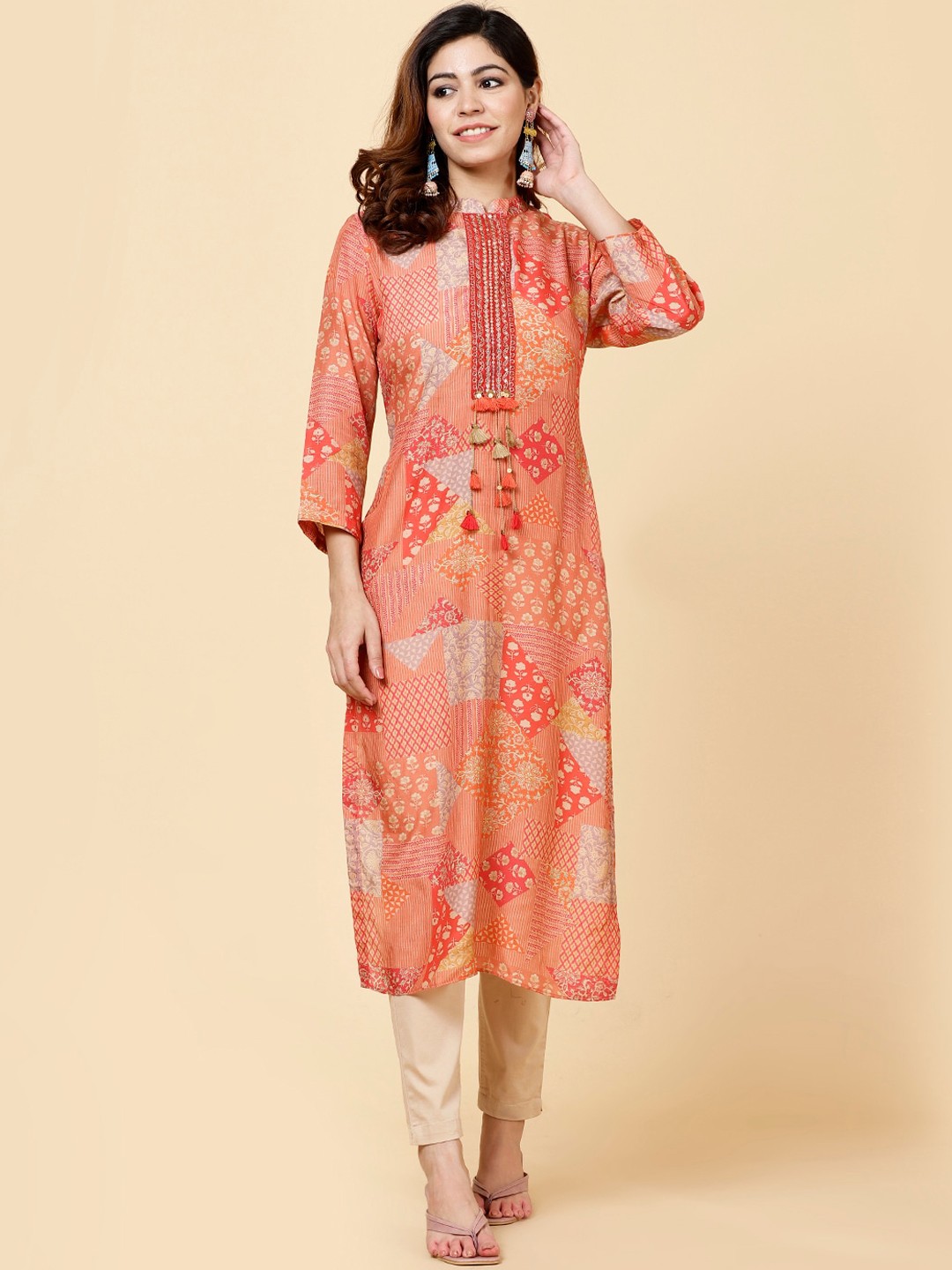 

Meena Bazaar Ethnic Motifs Printed Sequins Kurta, Rust
