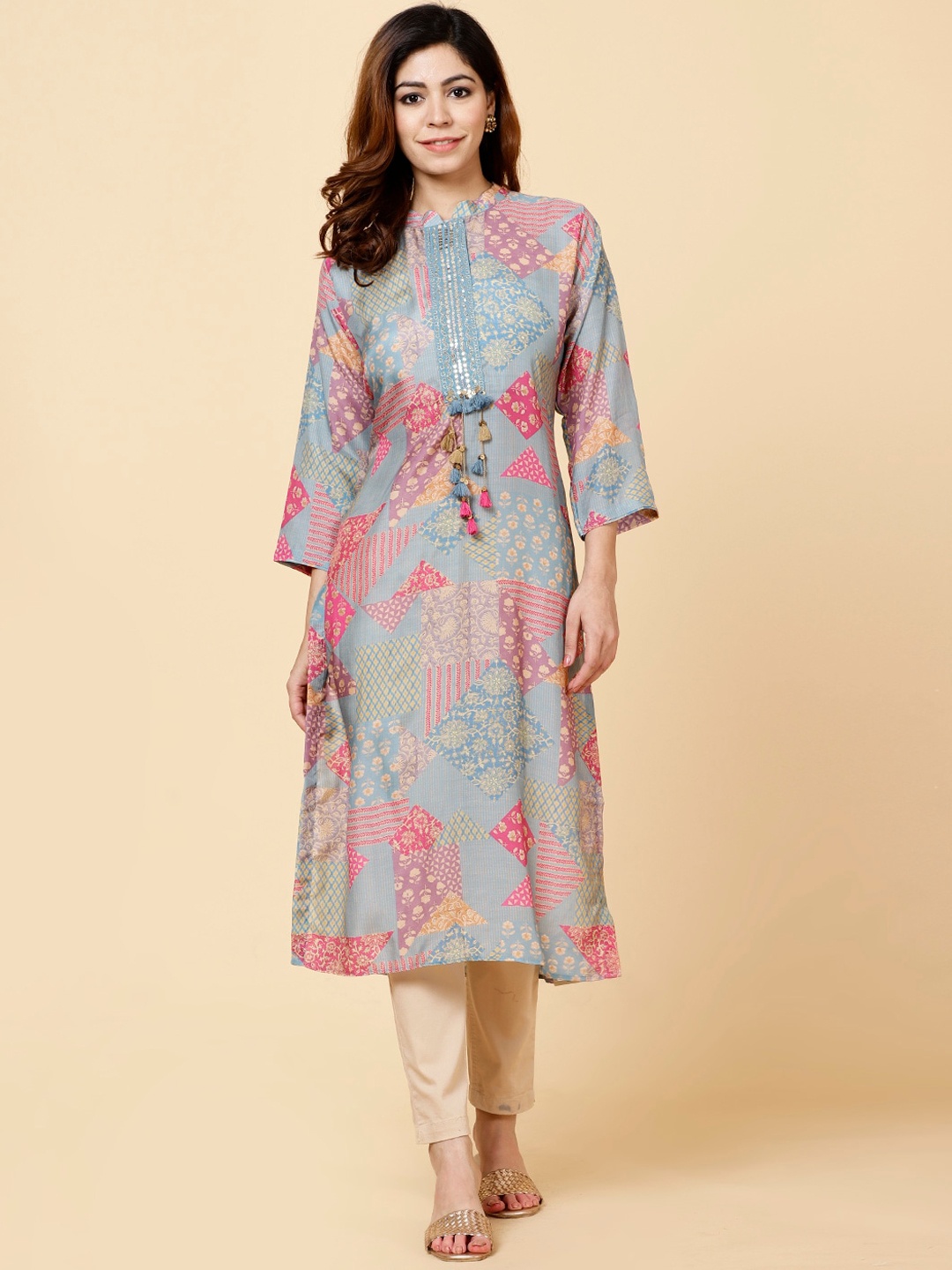 

Meena Bazaar Ethnic Motifs Printed Sequins Kurta, Blue