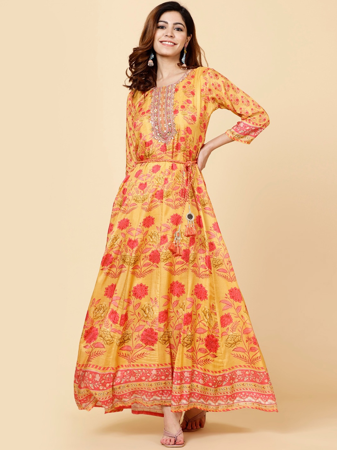 

Meena Bazaar Women Mustard Yellow Floral Printed Sequinned Anarkali Kurta