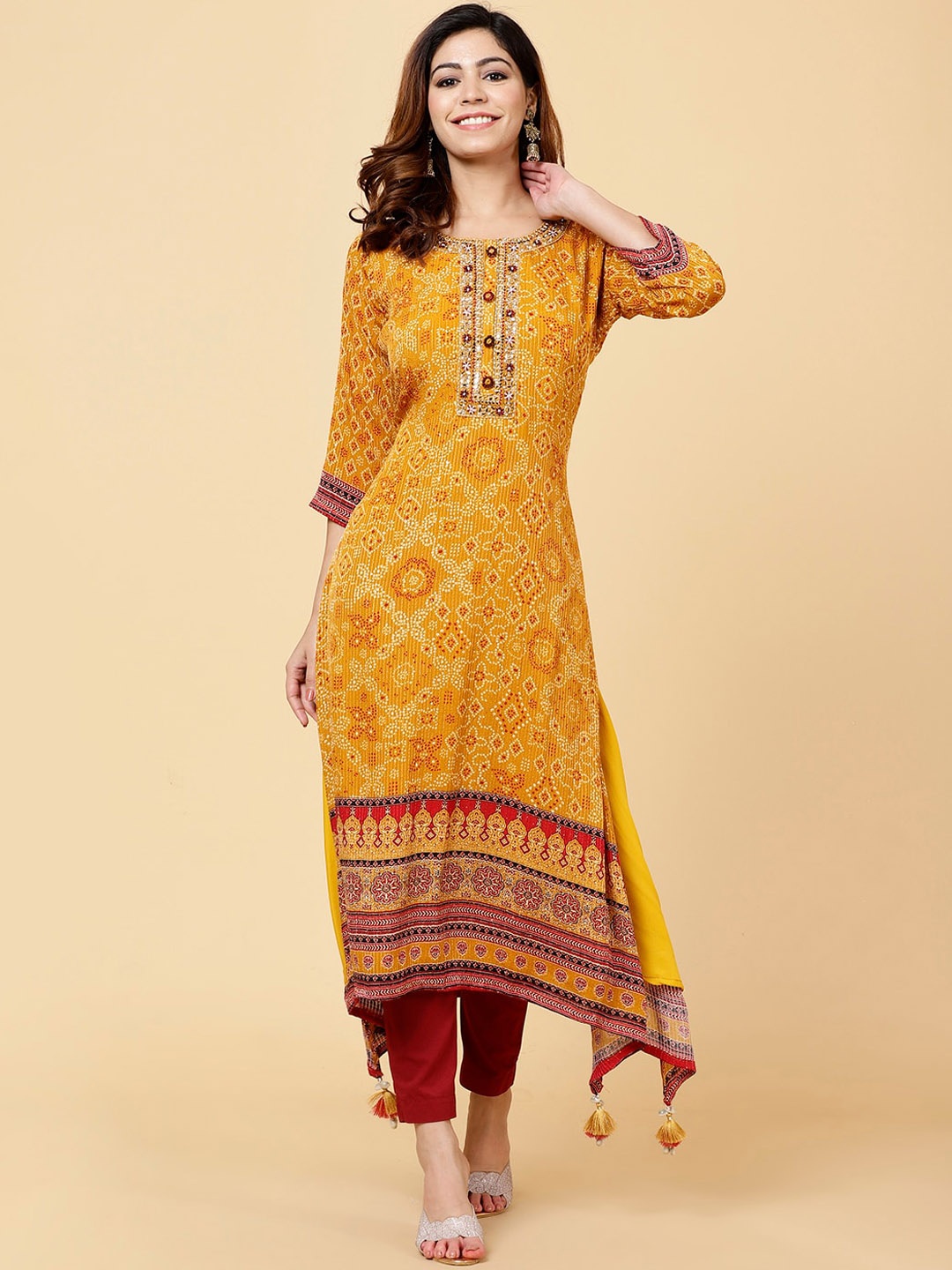 

Meena Bazaar Bandhani Printed Thread Worked Straight Kurta, Orange