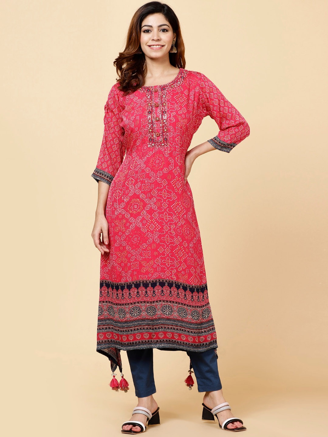 

Meena Bazaar Bandhani Printed Beads And Stones Anarkali Kurta, Pink