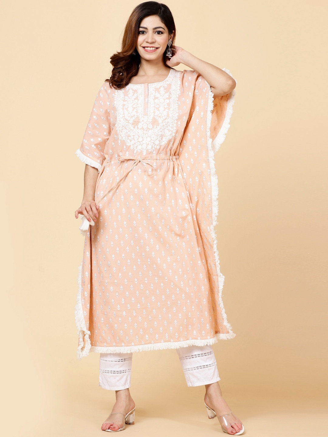 

Meena Bazaar Ethnic Motifs Printed Thread Work Pure Cotton Kurta, Peach