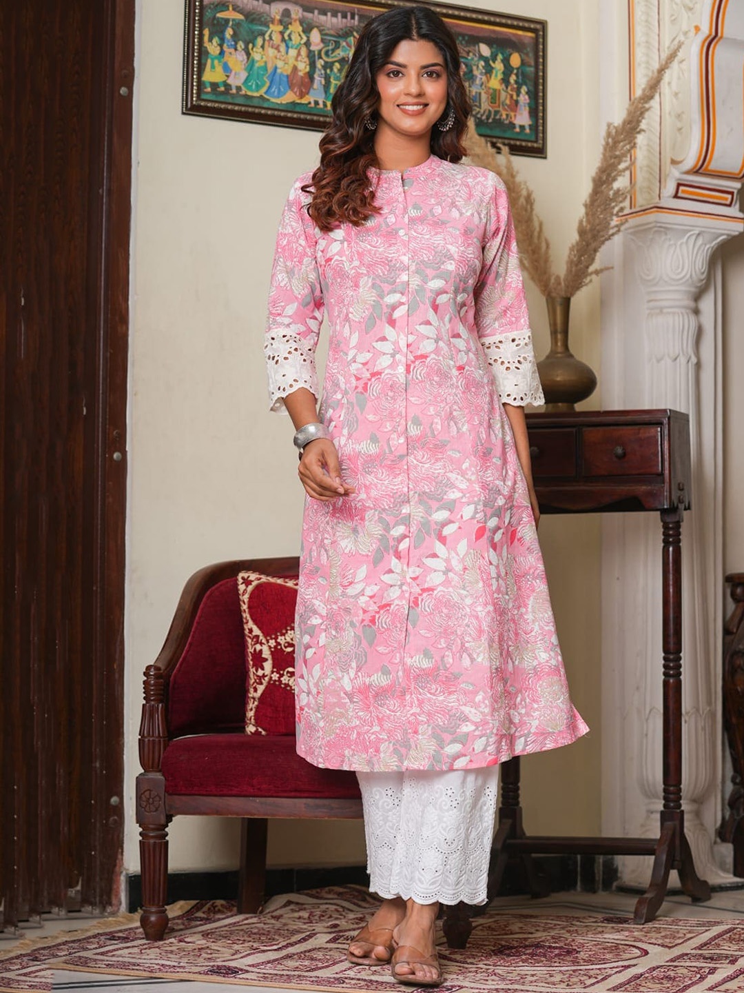 

Meena Bazaar Ethnic Motifs Printed Pure Cotton Kurta, Pink