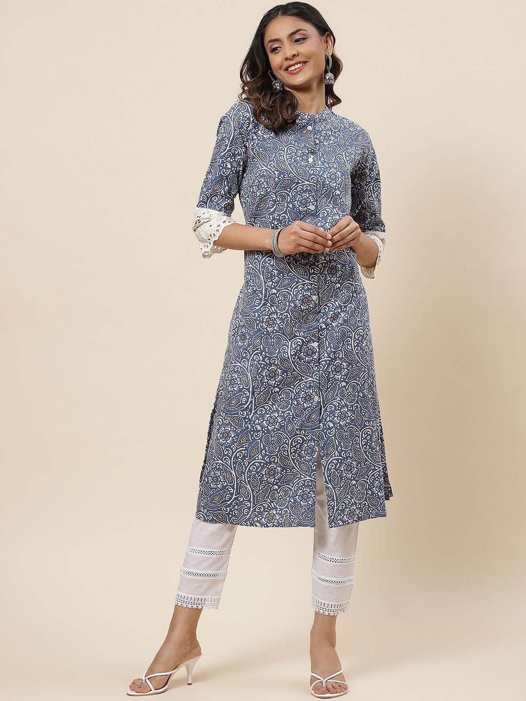 

Meena Bazaar Ethnic Motifs Printed Pure Cotton Kurta, Blue