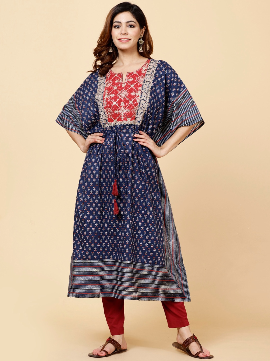 

Meena Bazaar Yoke Design Ethnic Motif Printed Thread Work Cotton Kaftan Kurta, Navy blue