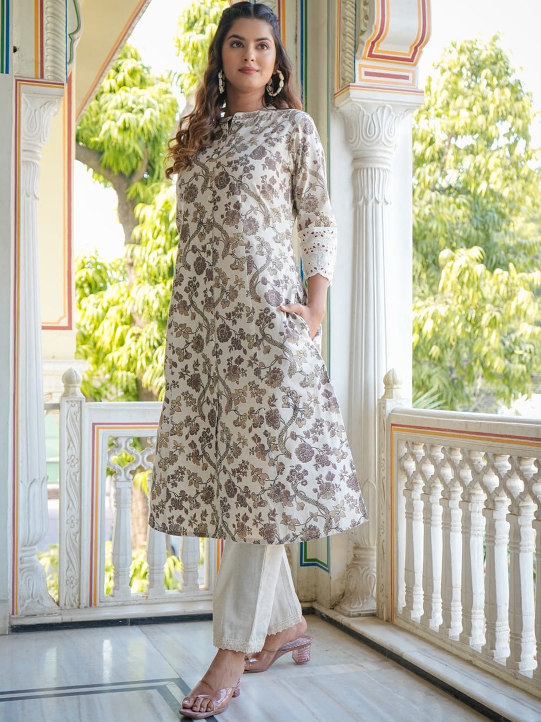 

Meena Bazaar Floral Printed Pure Cotton Anarkali Kurta, Cream
