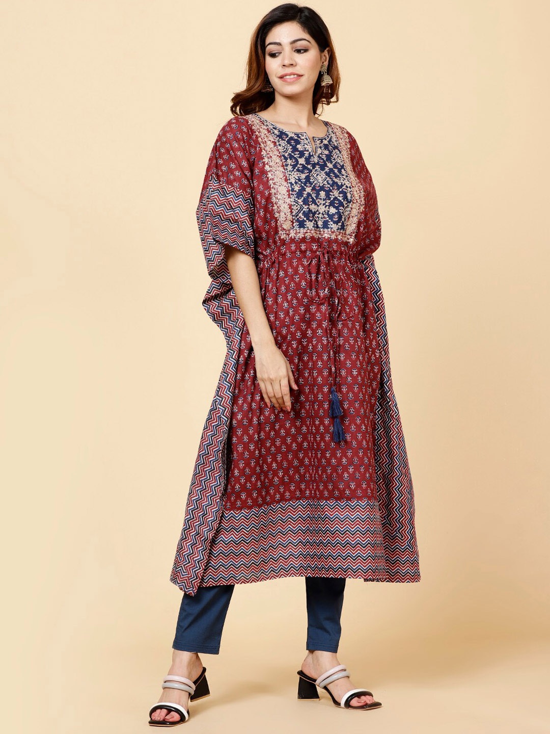 

Meena Bazaar Ethnic Motifs Printed Gathred Or Pleated Pure Cotton Kaftan Kurta, Maroon