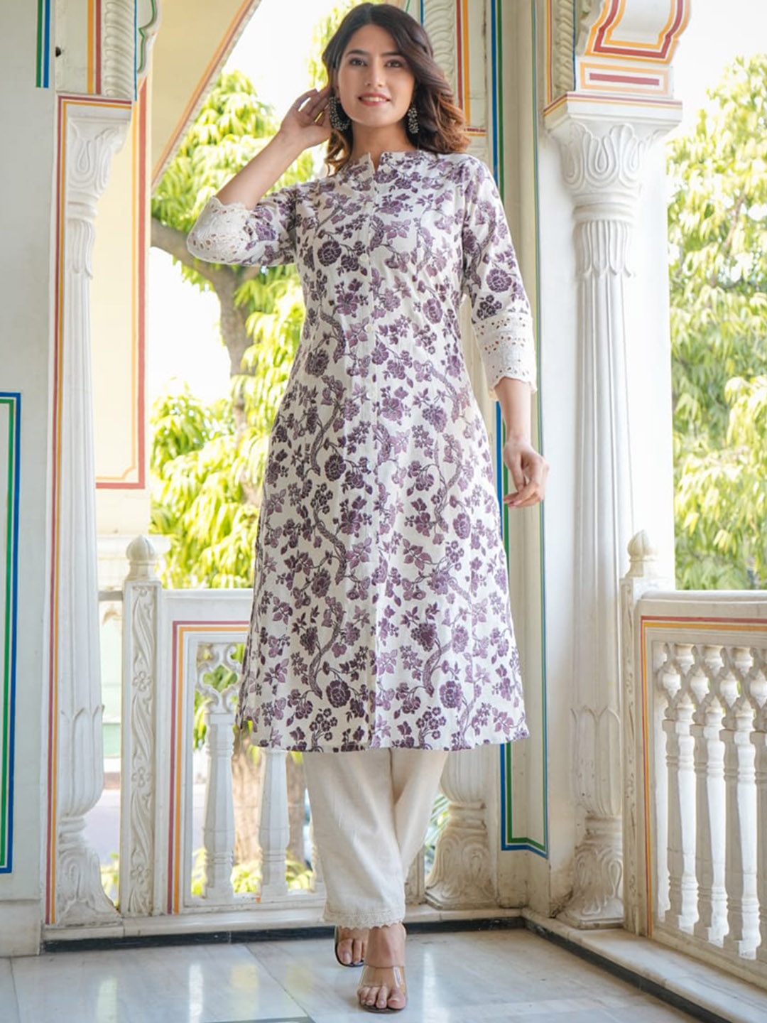 

Meena Bazaar Floral Printed Mandarin Collar Cotton A-Line Kurta, Cream