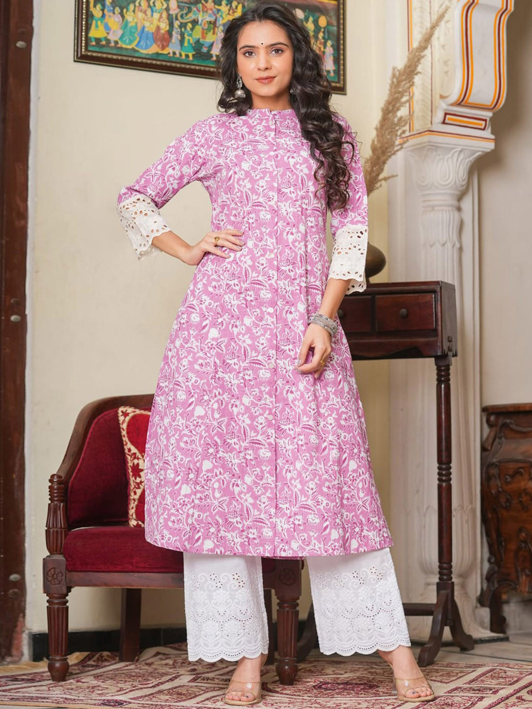

Meena Bazaar Floral Printed Mandarin Collar Cotton A-line Kurta, Pink