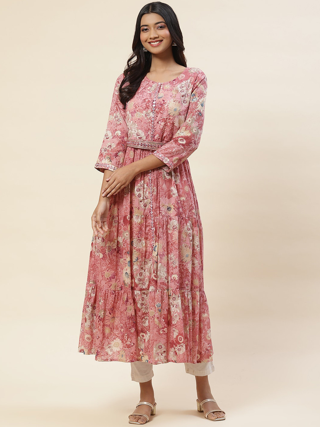 

Meena Bazaar Floral Printed Mirror Work Pure Cotton Anarkali Kurta, Pink