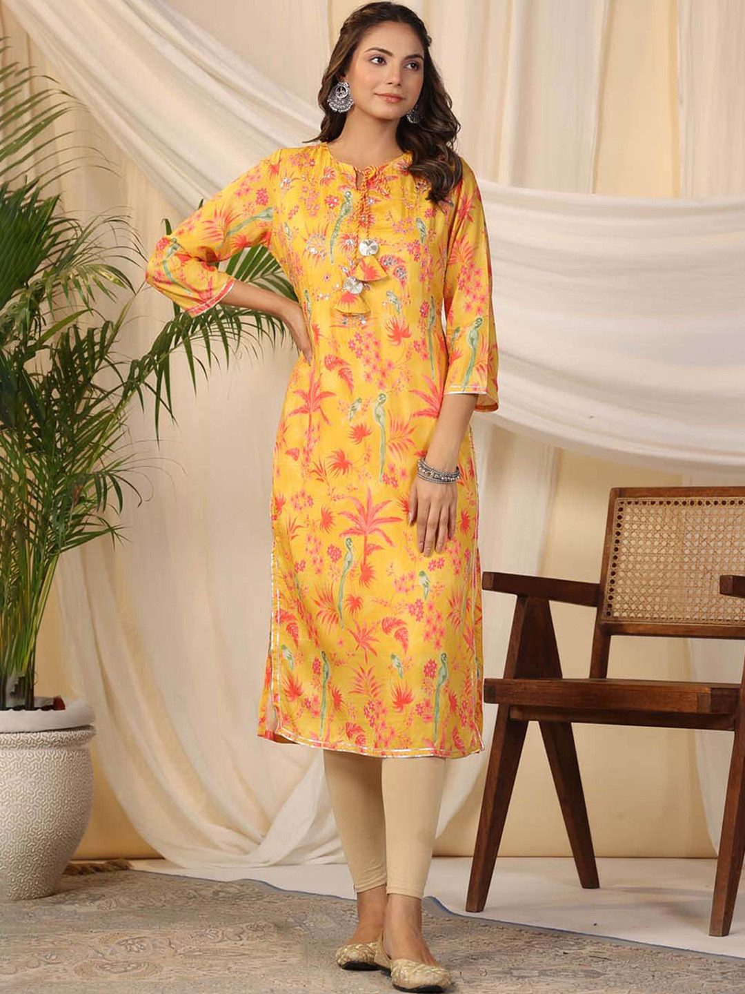 

Meena Bazaar Floral Printed Mirror Work Kurta, Mustard