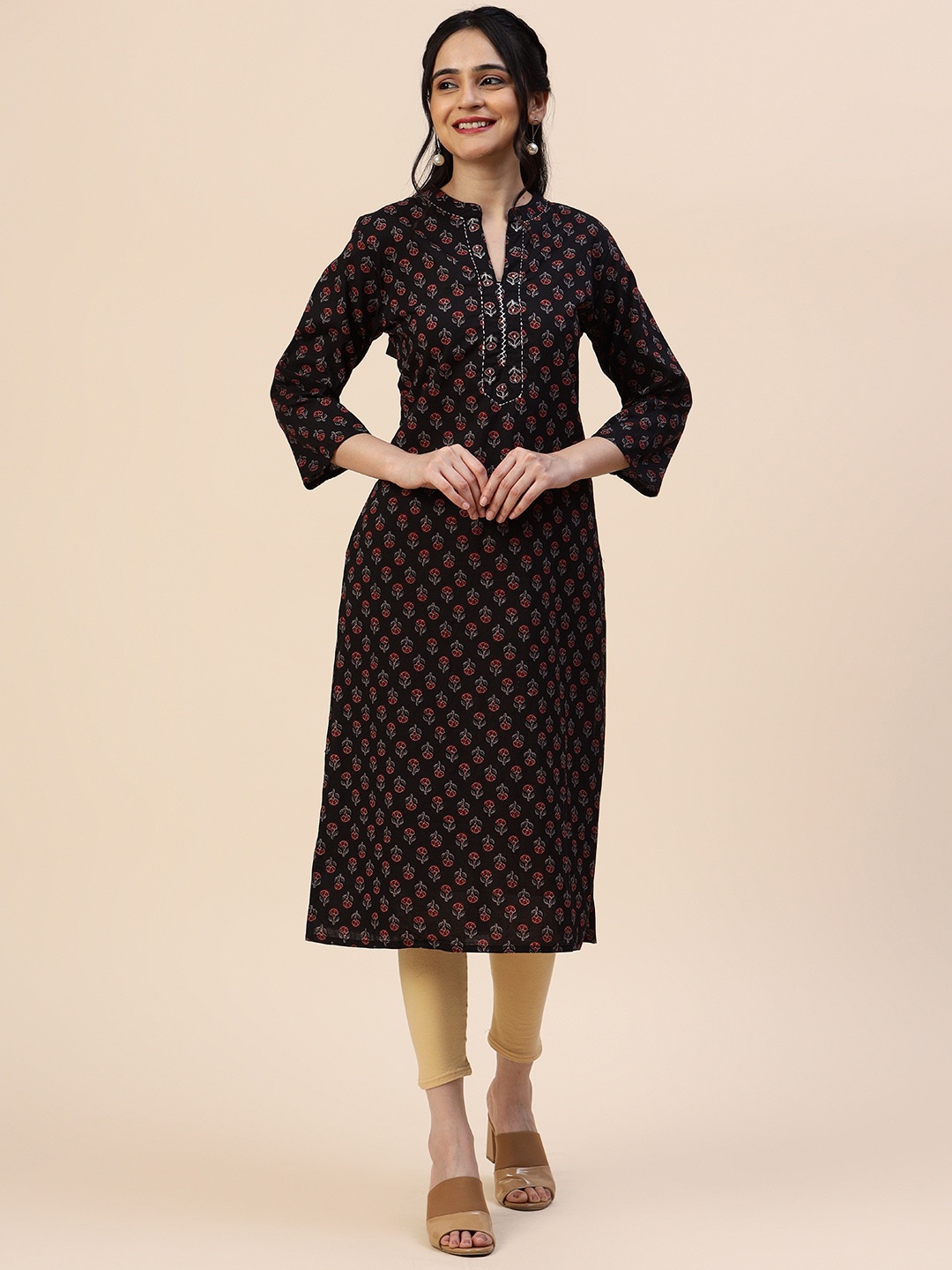 

Meena Bazaar Floral Printed Kurta, Black