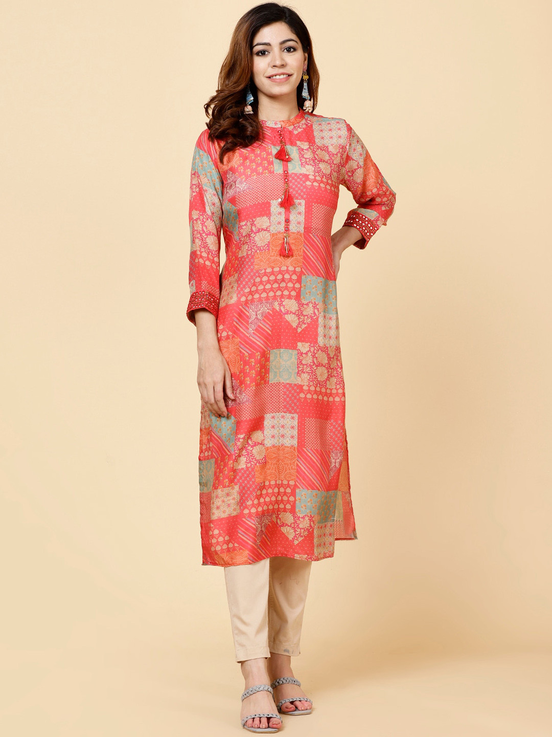 

Meena Bazaar Ethnic Motifs Printed Mirror Work Kurta, Coral