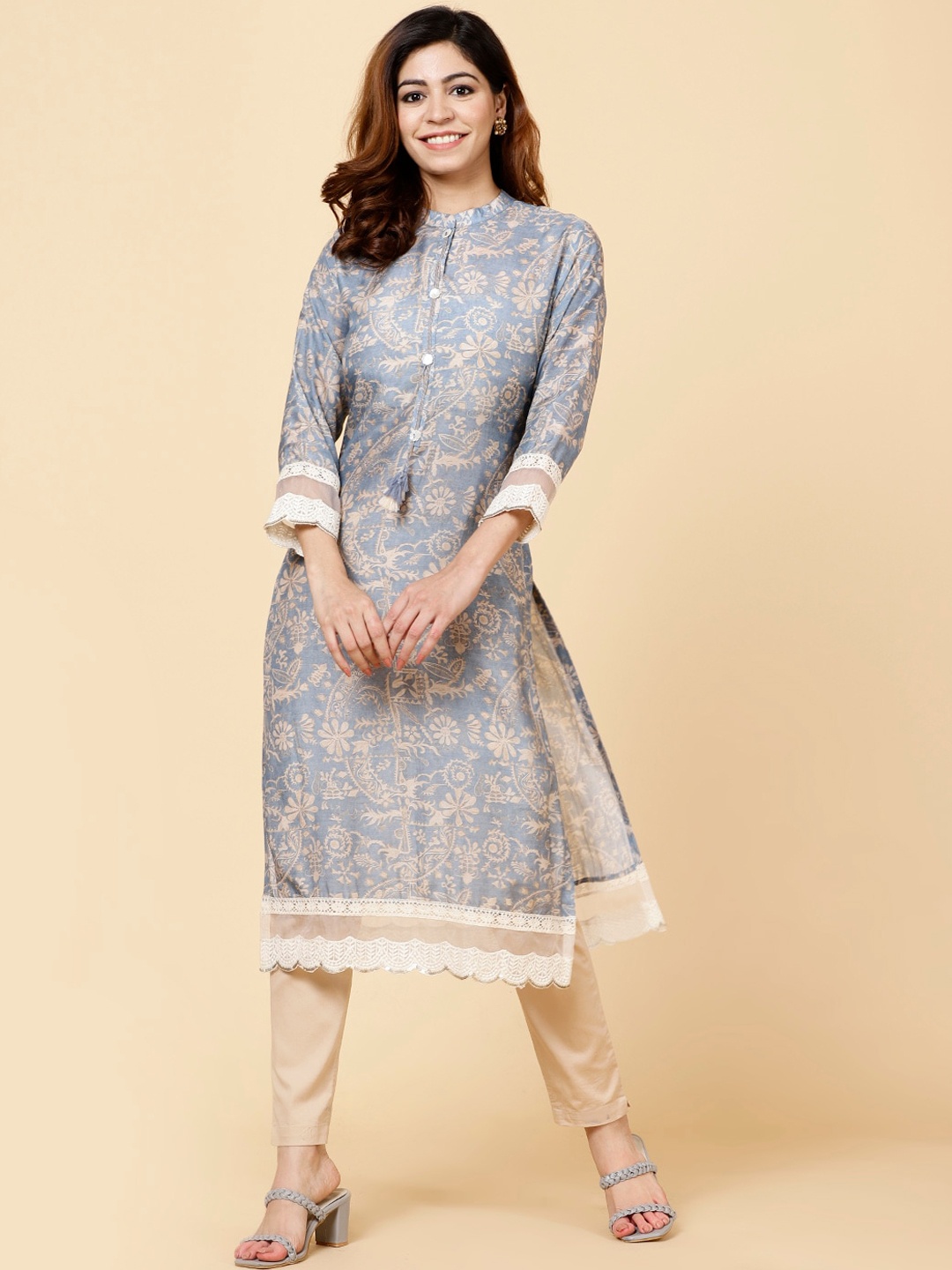 

Meena Bazaar Floral Printed Mandarin Collar Straight Cut Kurta, Blue