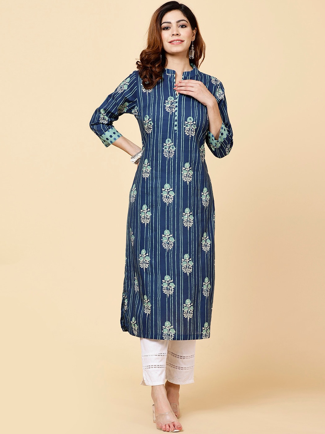 

Meena Bazaar Ethnic Motifs Printed Pure Cotton Kurta, Blue