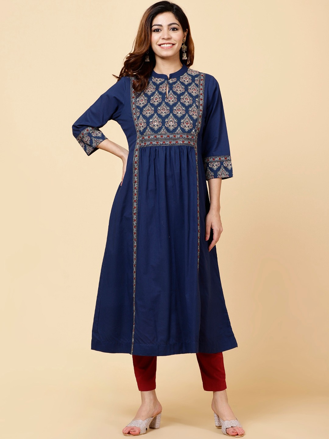 

Meena Bazaar Ethnic Motifs Yoke Design Mirror Work Pure Cotton Anarkali Kurta, Navy blue