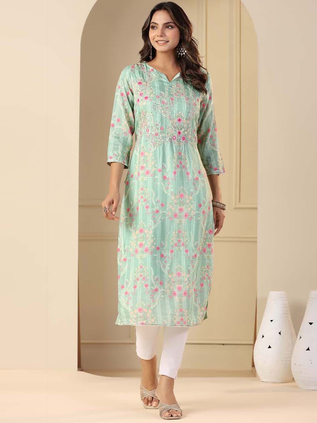 

Meena Bazaar Floral Printed Embelished Straight Cut Kurta, Sea green