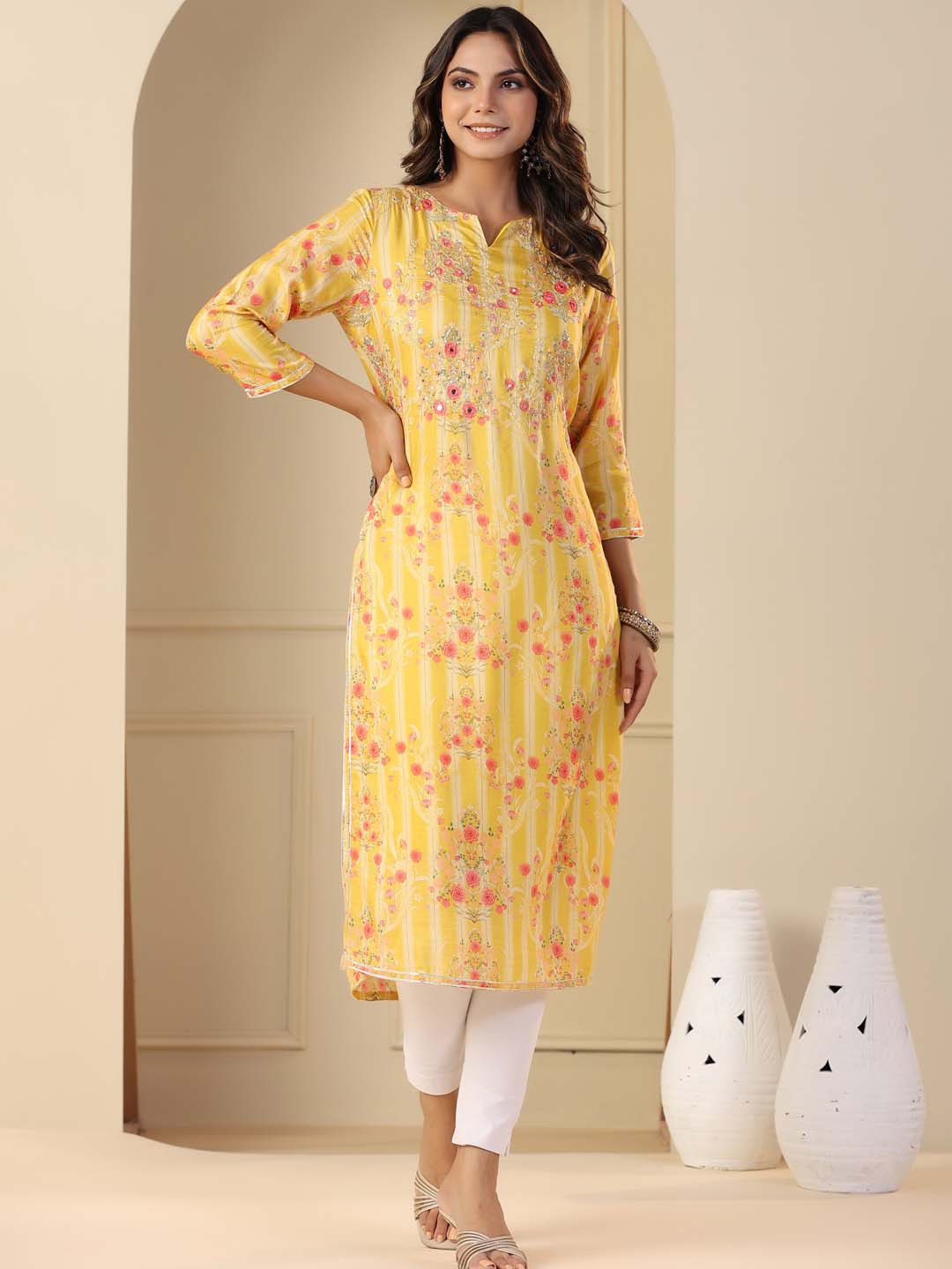 

Meena Bazaar Floral Printed Embelished Straight Cut Kurta, Mustard