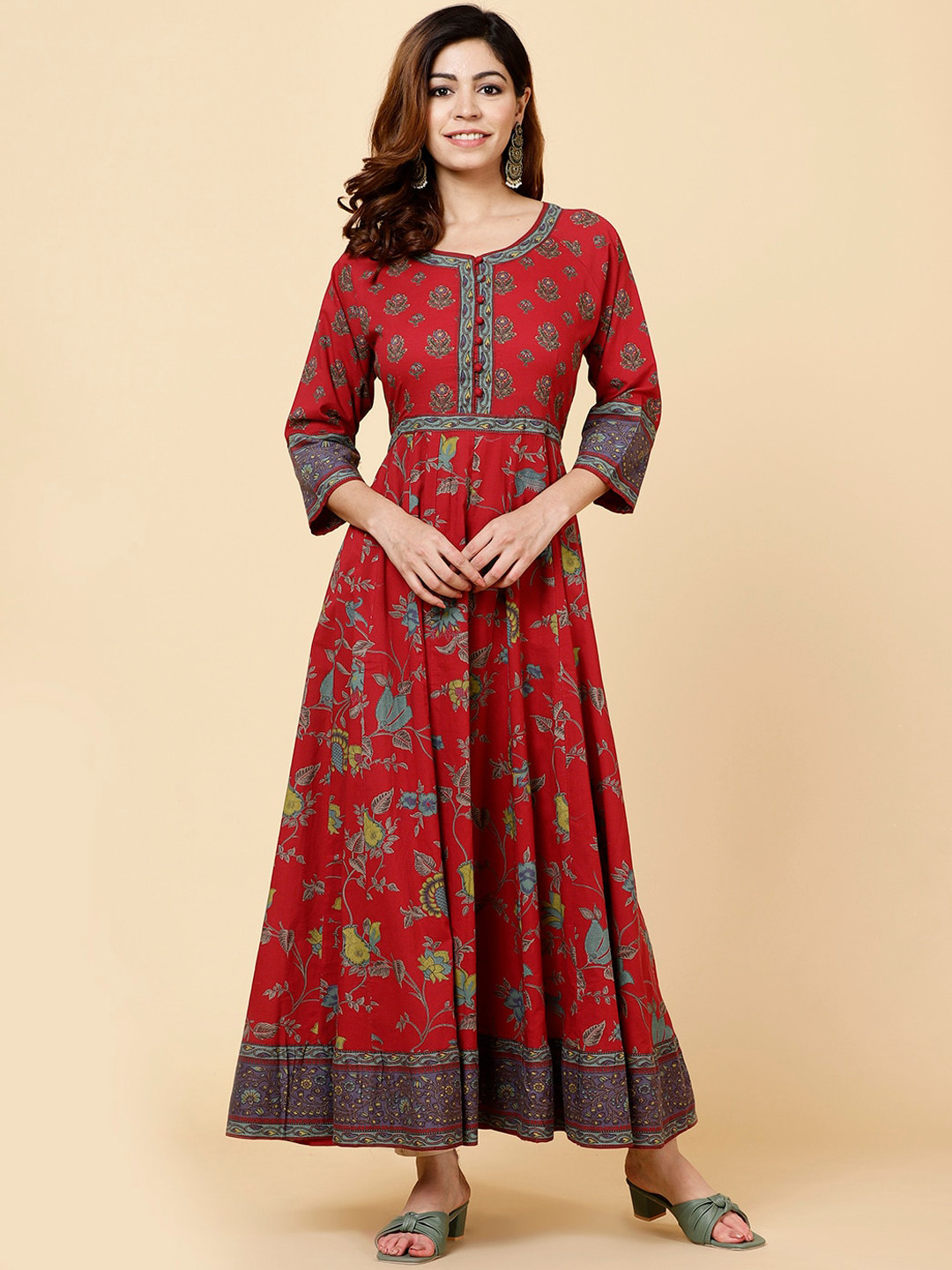 

Meena Bazaar Floral Printed Cotton Anarkali Kurta, Maroon