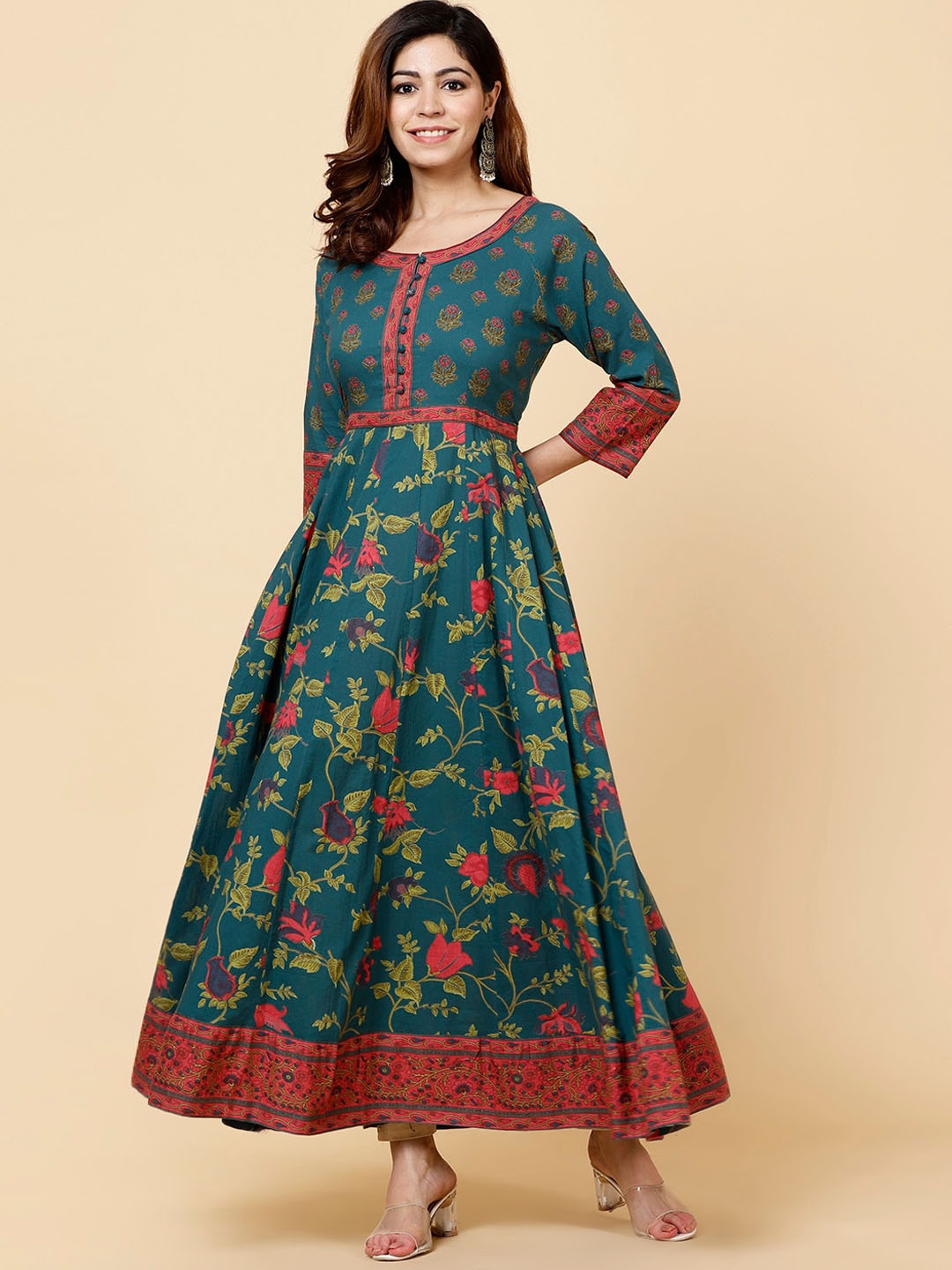 

Meena Bazaar Floral Printed Pure Cotton Fit And Flare Dress, Blue