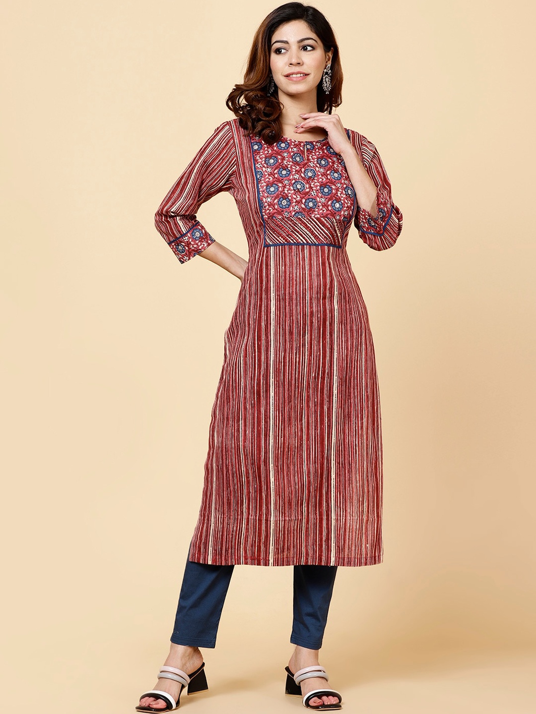 

Meena Bazaar Floral Yoke Design Thread Work Pure Cotton Anarkali Kurta, Maroon