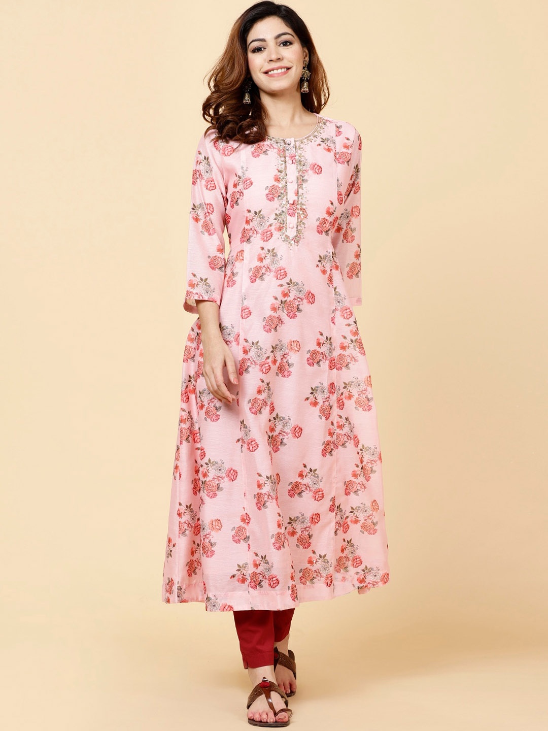 

Meena Bazaar Floral Printed Sequinned Chanderi Silk Anarkali Kurta, Pink