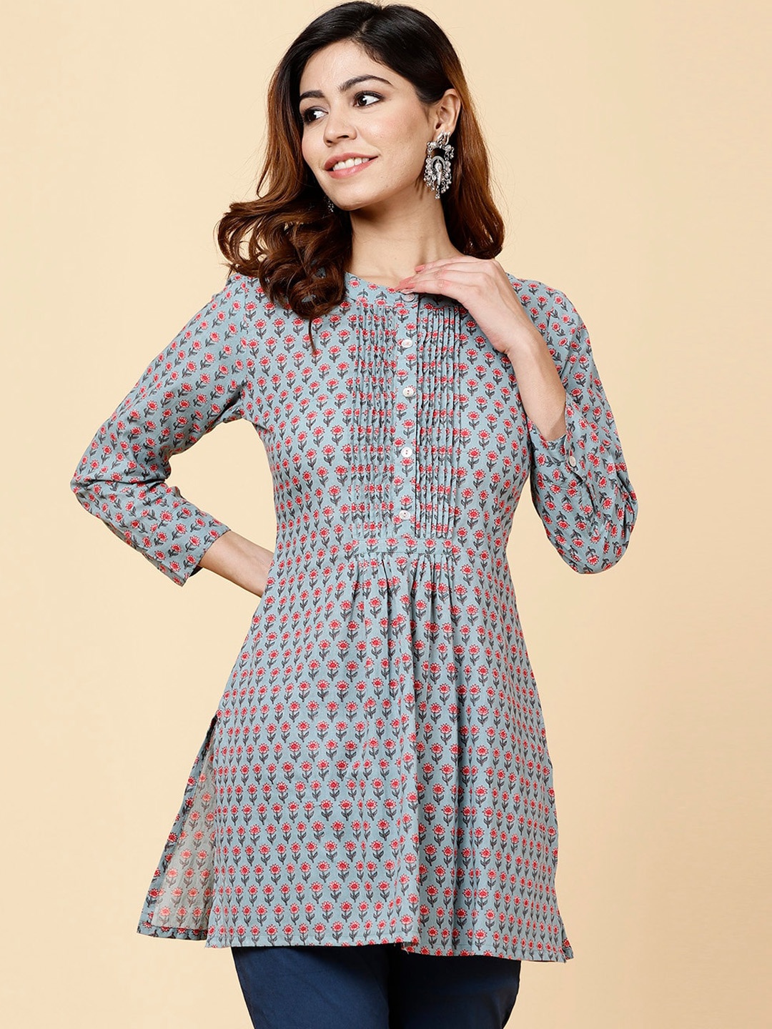 

Meena Bazaar Floral Printed Pure Cotton Kurti, Grey