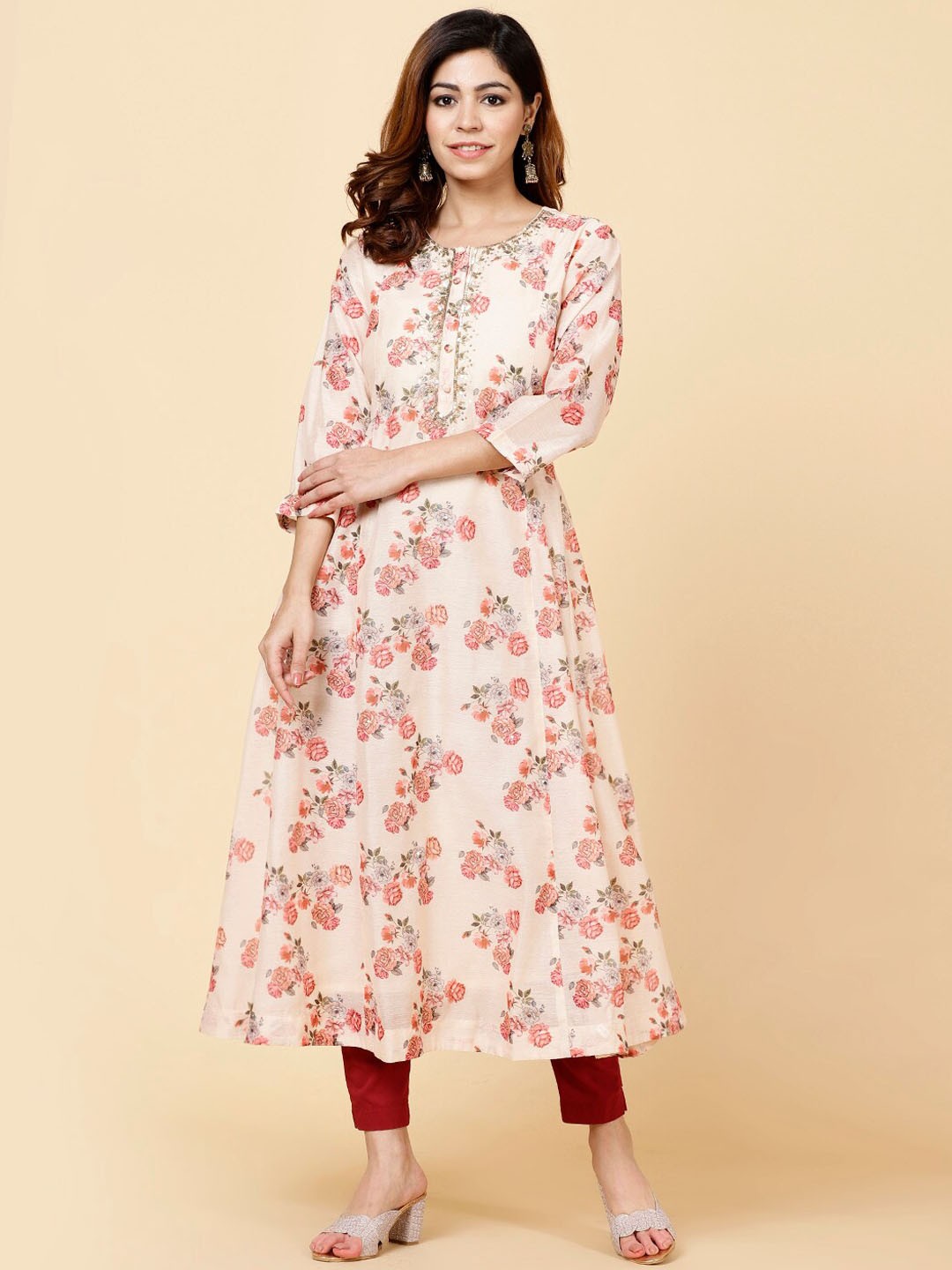 

Meena Bazaar Floral Printed Sequinned Chanderi Silk Anarkali Kurta, Beige