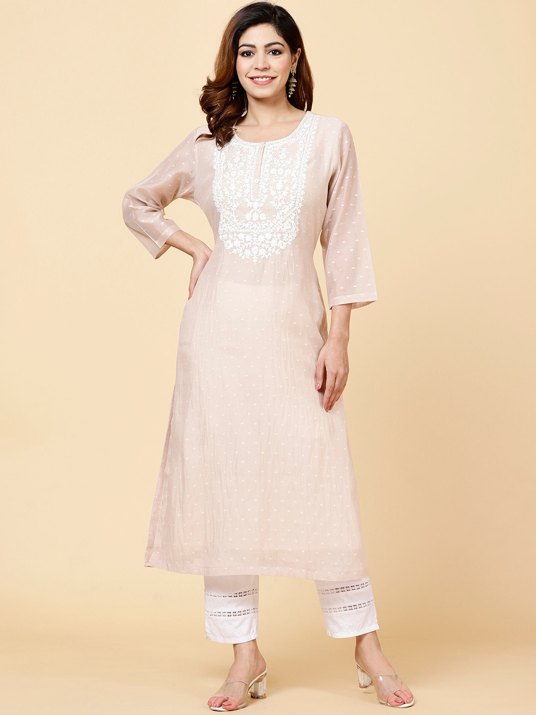 

Meena Bazaar Ethnic Motifs Yoke Design Thread Work Chanderi Silk Kurta, Beige