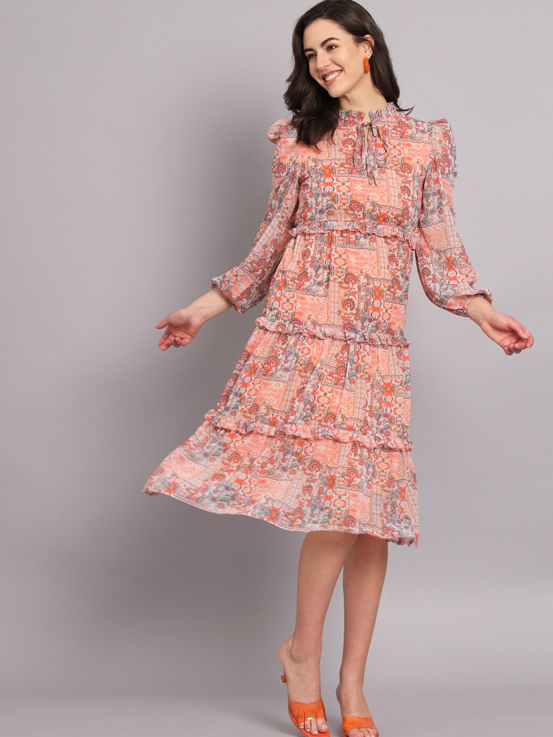 

The Dry State Floral Print Tie-Up Neck Puff Sleeve Georgette Tiered Dress, Peach