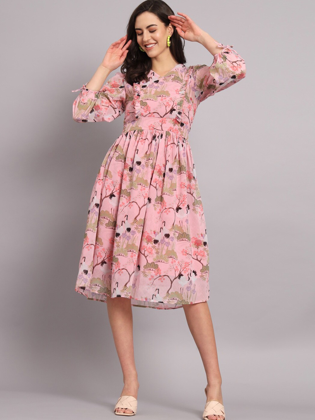 

The Dry State Floral Print Puff Sleeve Ruffled Georgette Fit & Flare Midi Dress, Pink