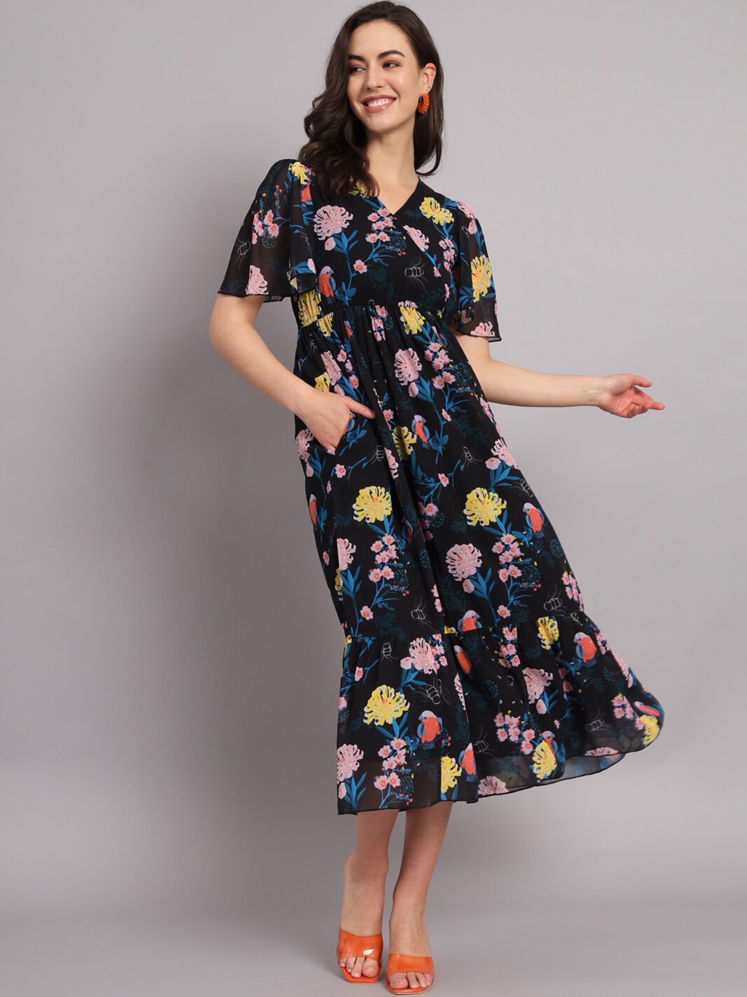 

The Dry State Floral Print Georgette Empire Midi Dress, Black