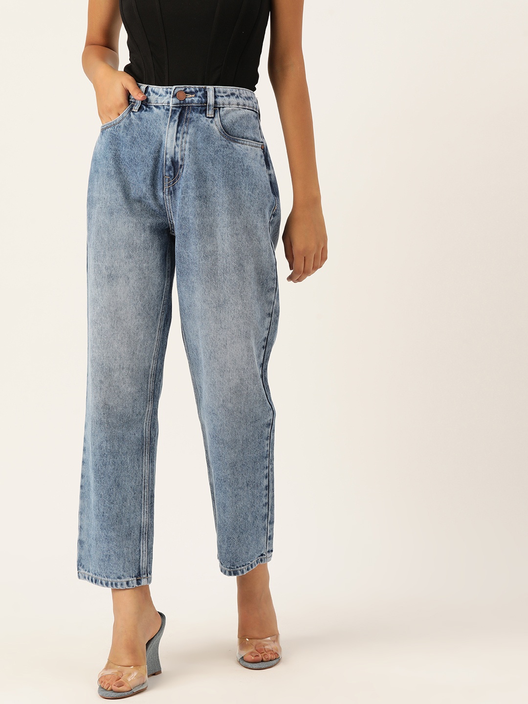 

DressBerry Women Straight Fit High-Rise Acid Wash Pure Cotton Jeans, Blue