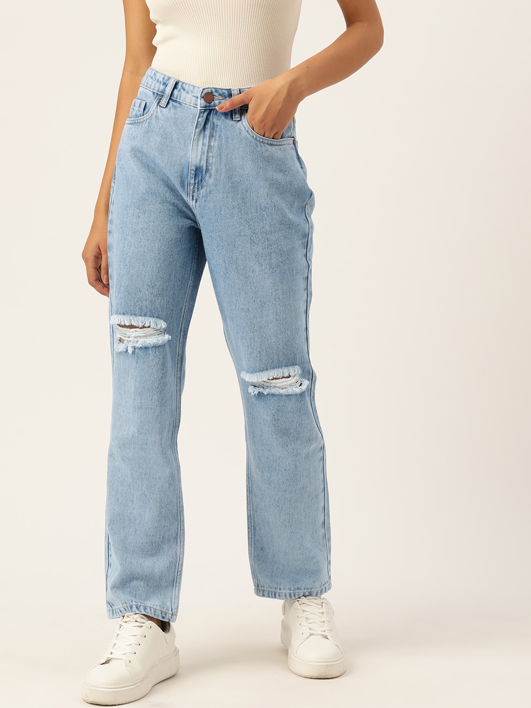 

DressBerry Women Straight Fit High-Rise Low Distress Pure Cotton Jeans, Blue