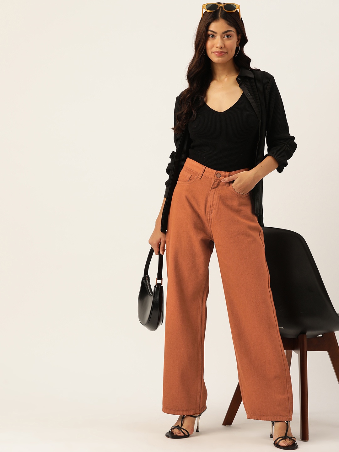 

DressBerry Women Relaxed Fit High-Rise Pure Cotton Jeans, Brown