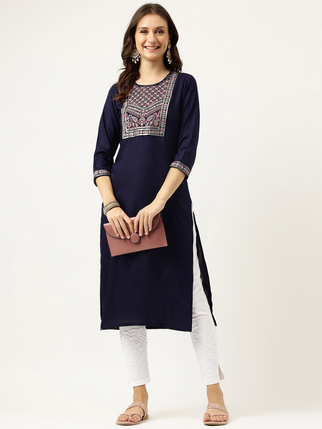 

Ashlee Ethnic Motifs Yoke Design Sequined Thread Work Kurta, Navy blue