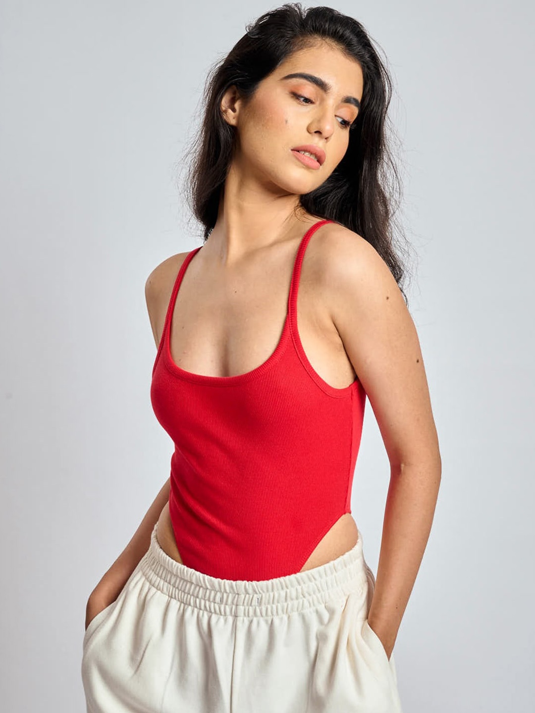 

Bonkers Corner Red Ribbed High Cut Bodysuit