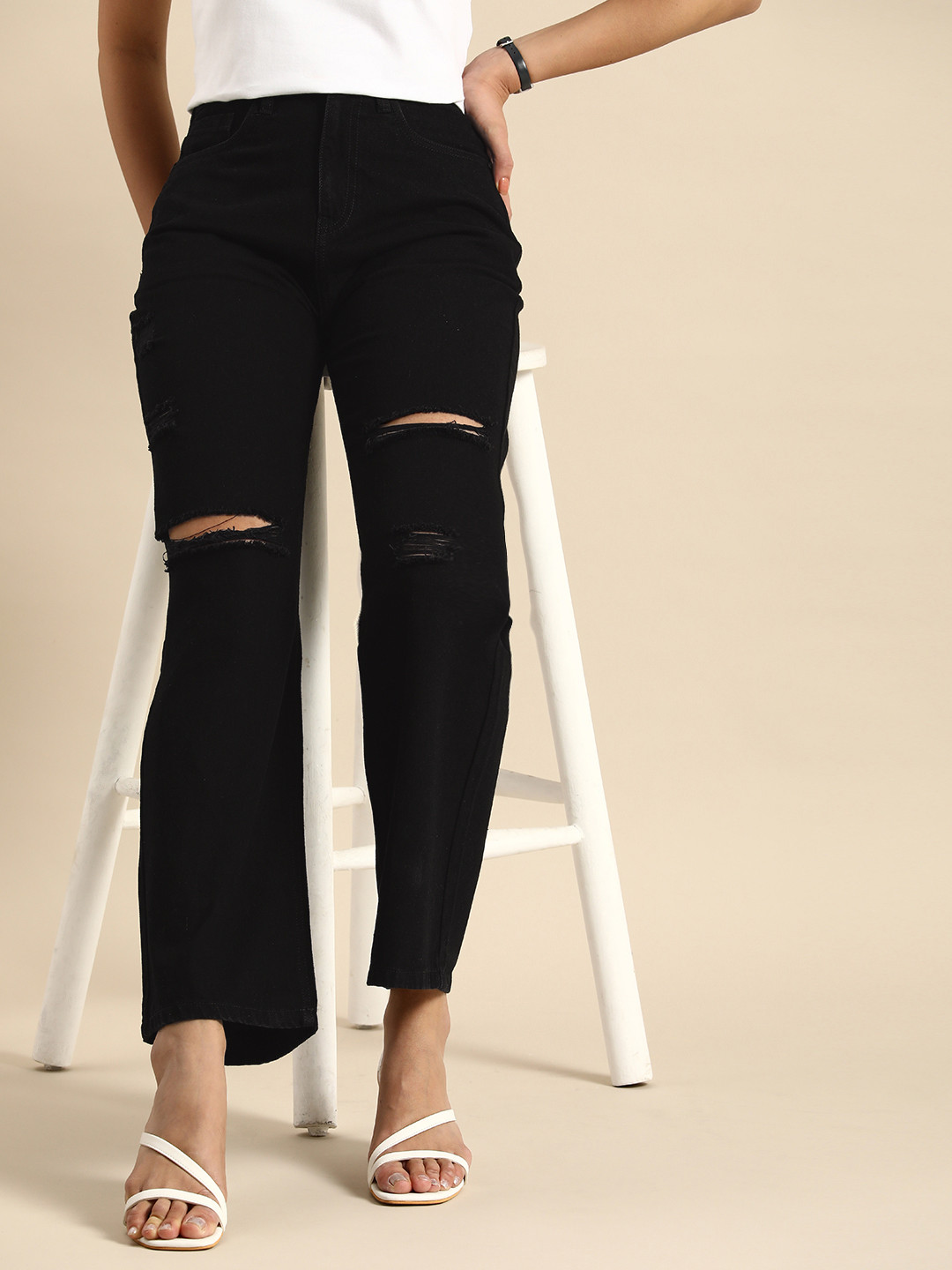 

all about you Women Cotton Relaxed Fit High-Rise Low Distress Jeans, Black