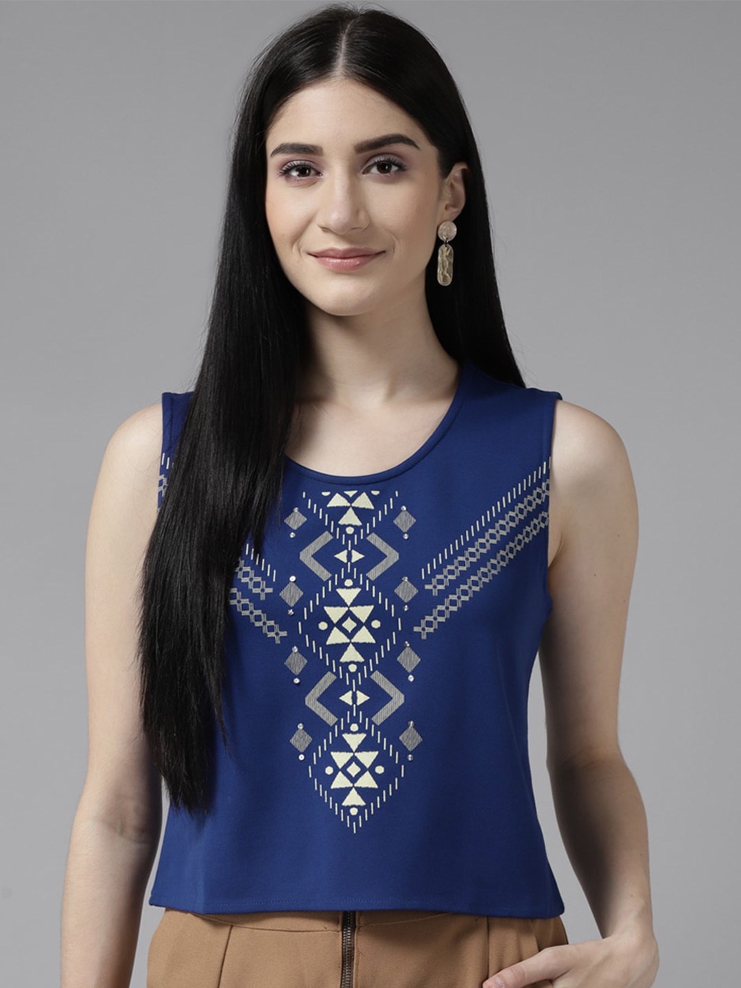 

BAESD Geometric Printed Sleeveless Georgette Top, Blue