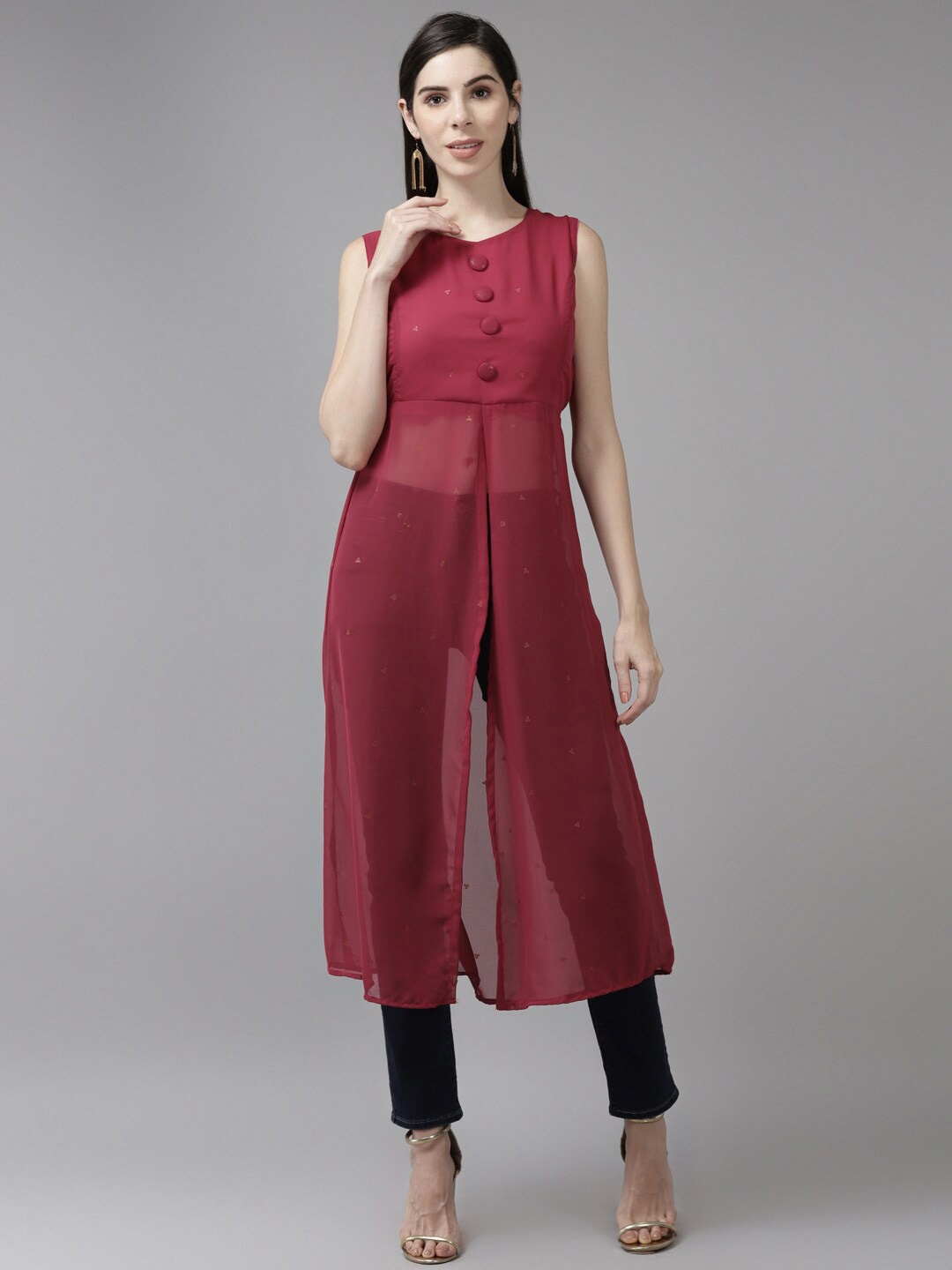 

BAESD Round Neck Front Slit Georgette Kurta, Pink