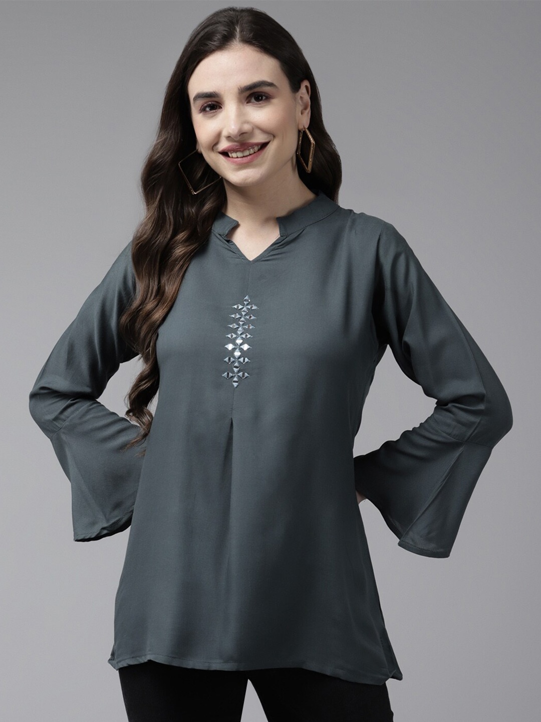 

BAESD Mandarin Collar Bell Sleeve Embroidered Cotton Top, Grey