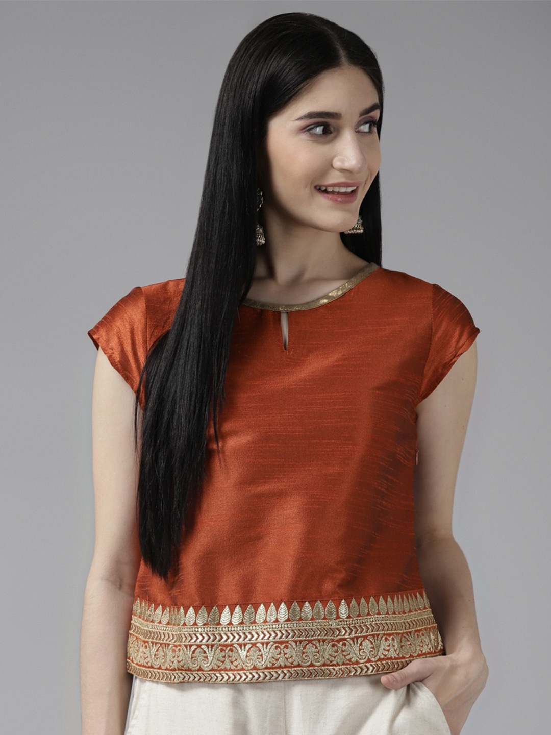 

BAESD Woven Design Keyhole Neck Top, Orange