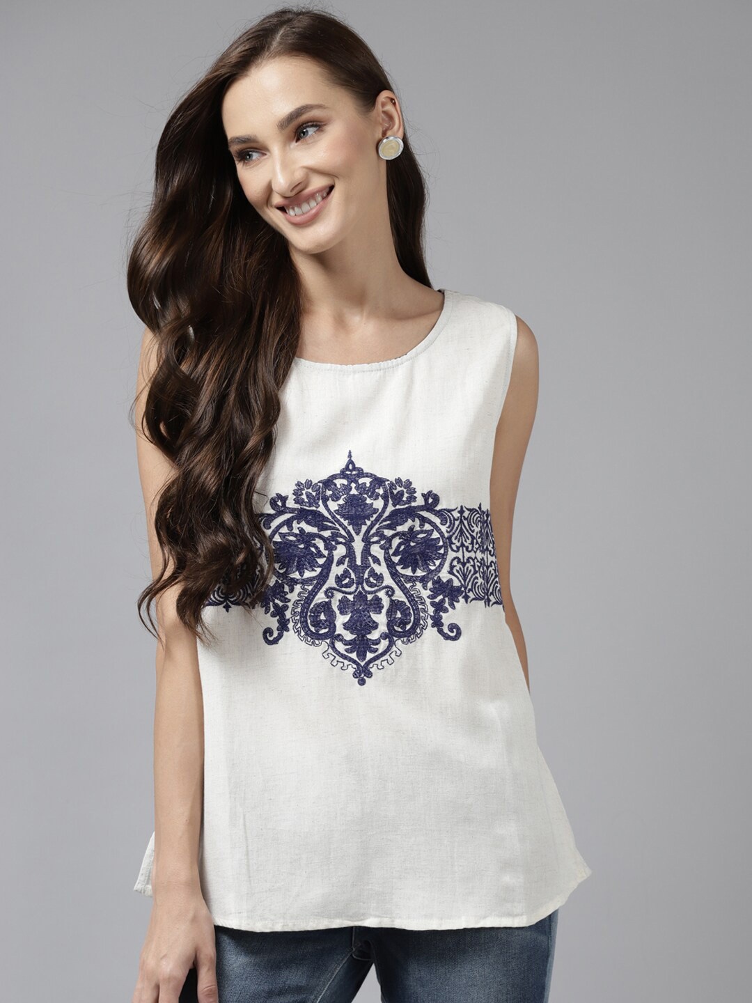 

BAESD Ethnic Motifs Printed Round Neck Sleeveless A-Line Top, Off white