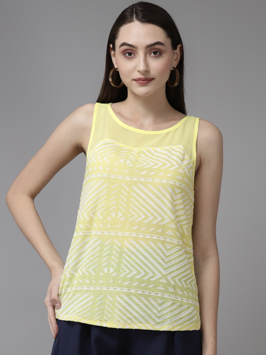 

BAESD Geometric Self Design Round Neck Sleeveless Top, Yellow
